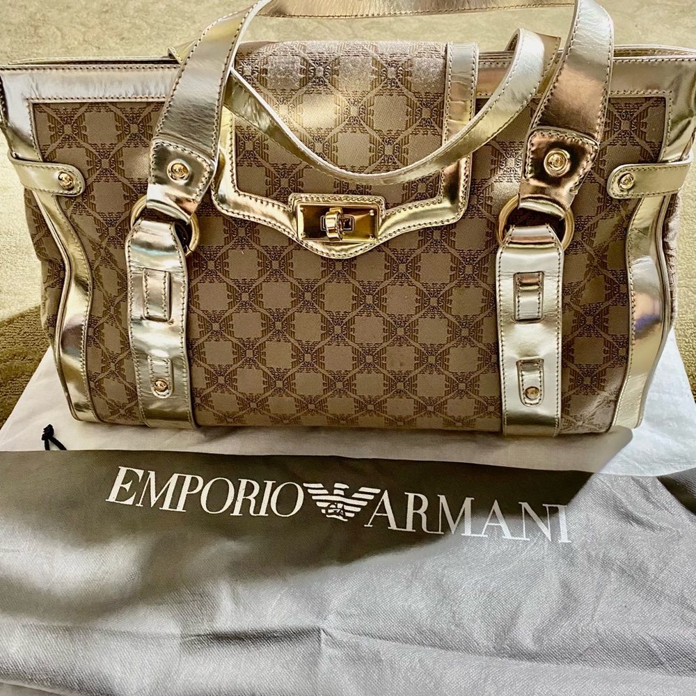 ♥️ SALE ✅ Emporio Armani Authentic Handbag Silver leather lining canvas♥️ .
